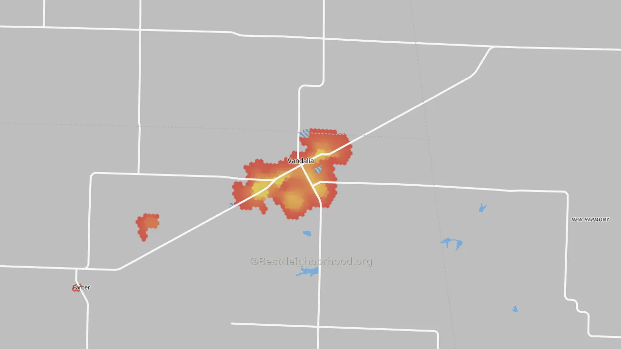 Walk Grade map of 63382, MO, walkable areas in green and car-dependent areas in red