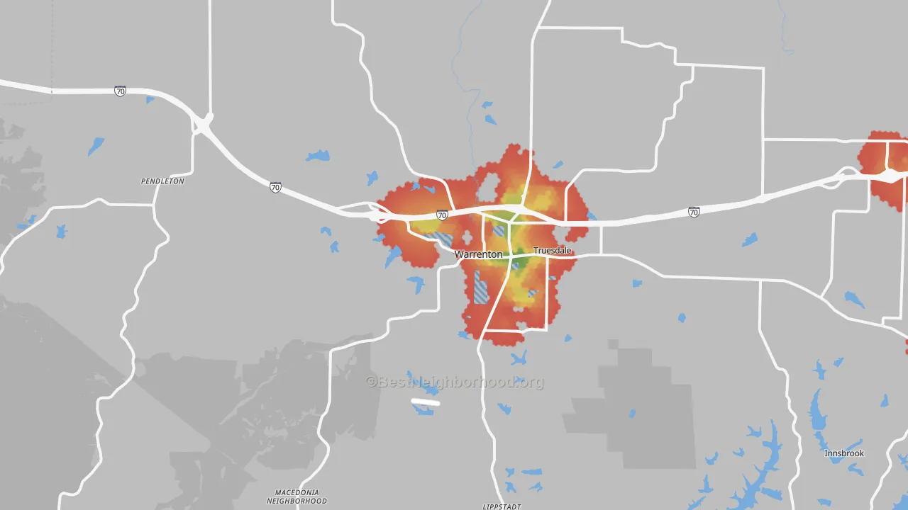 Walk Grade map of 63383, MO, walkable areas in green and car-dependent areas in red