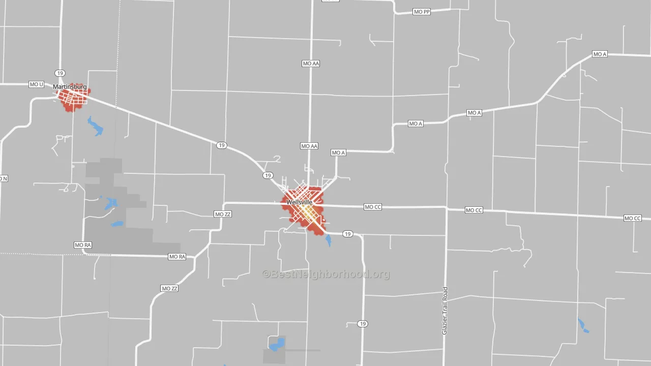 Walk Grade map of 63384, MO, walkable areas in green and car-dependent areas in red