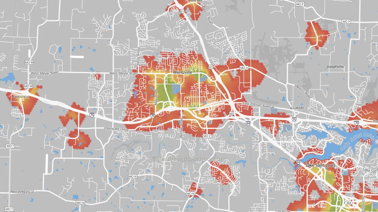 Walk Grade map of 63385, MO, walkable areas in green and car-dependent areas in red