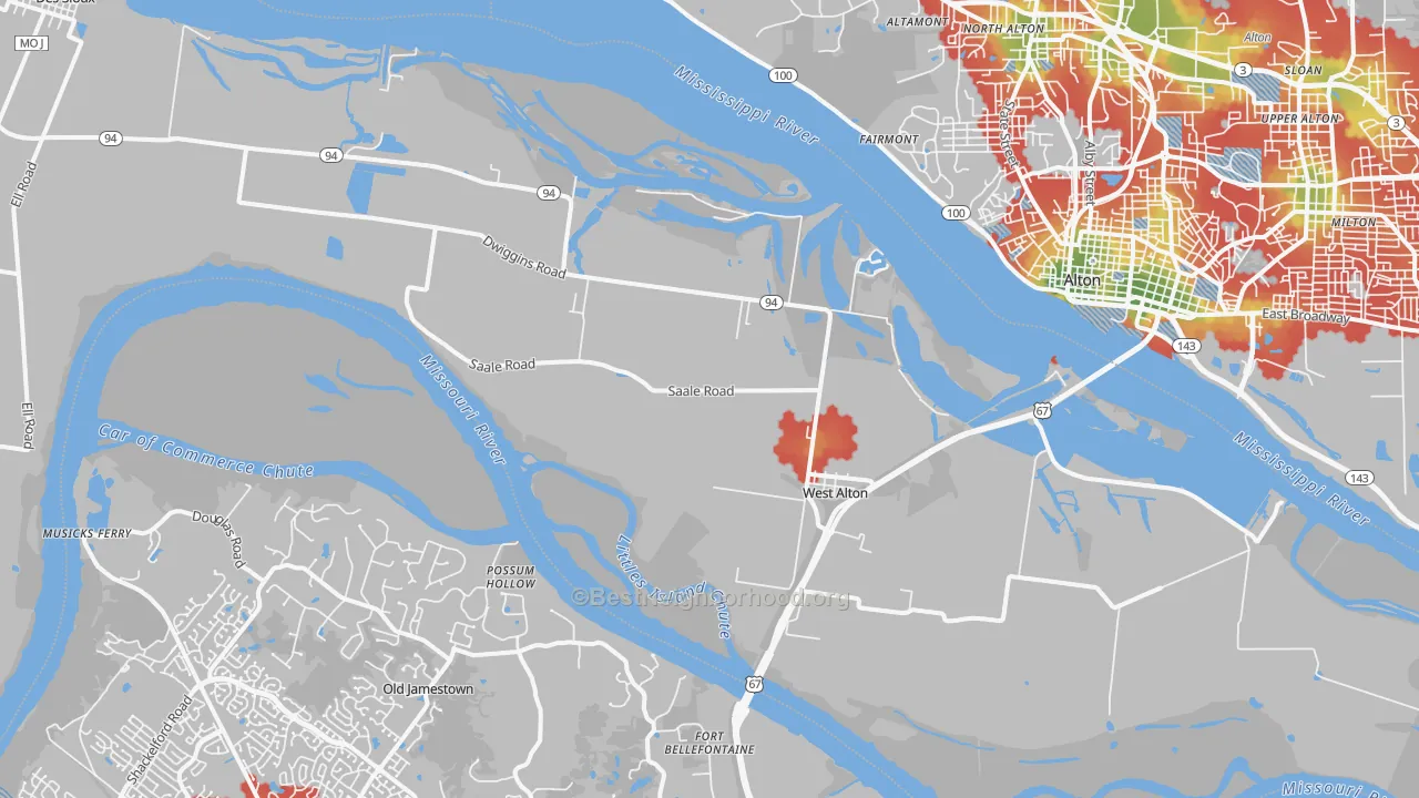 Walk Grade map of 63386, MO, walkable areas in green and car-dependent areas in red