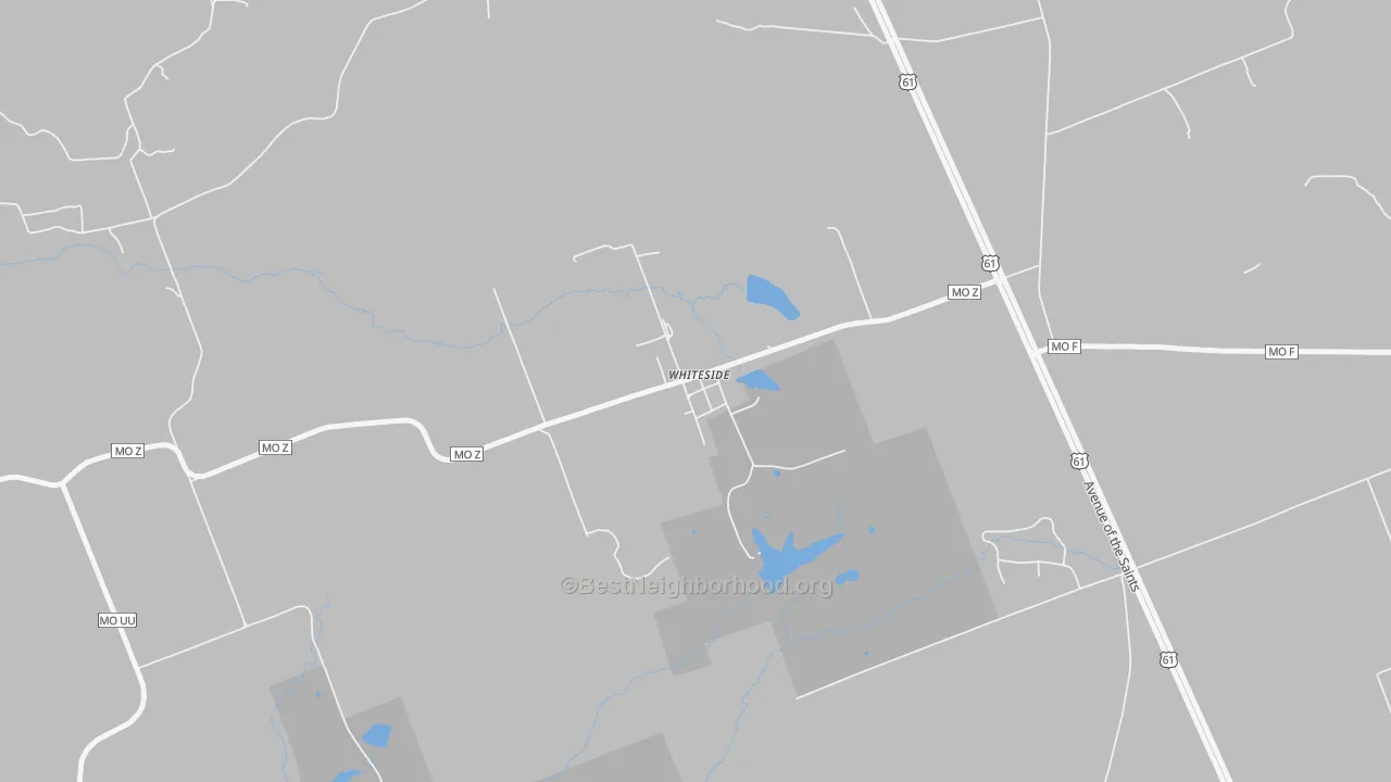 Walk Grade map of 63387, MO, walkable areas in green and car-dependent areas in red