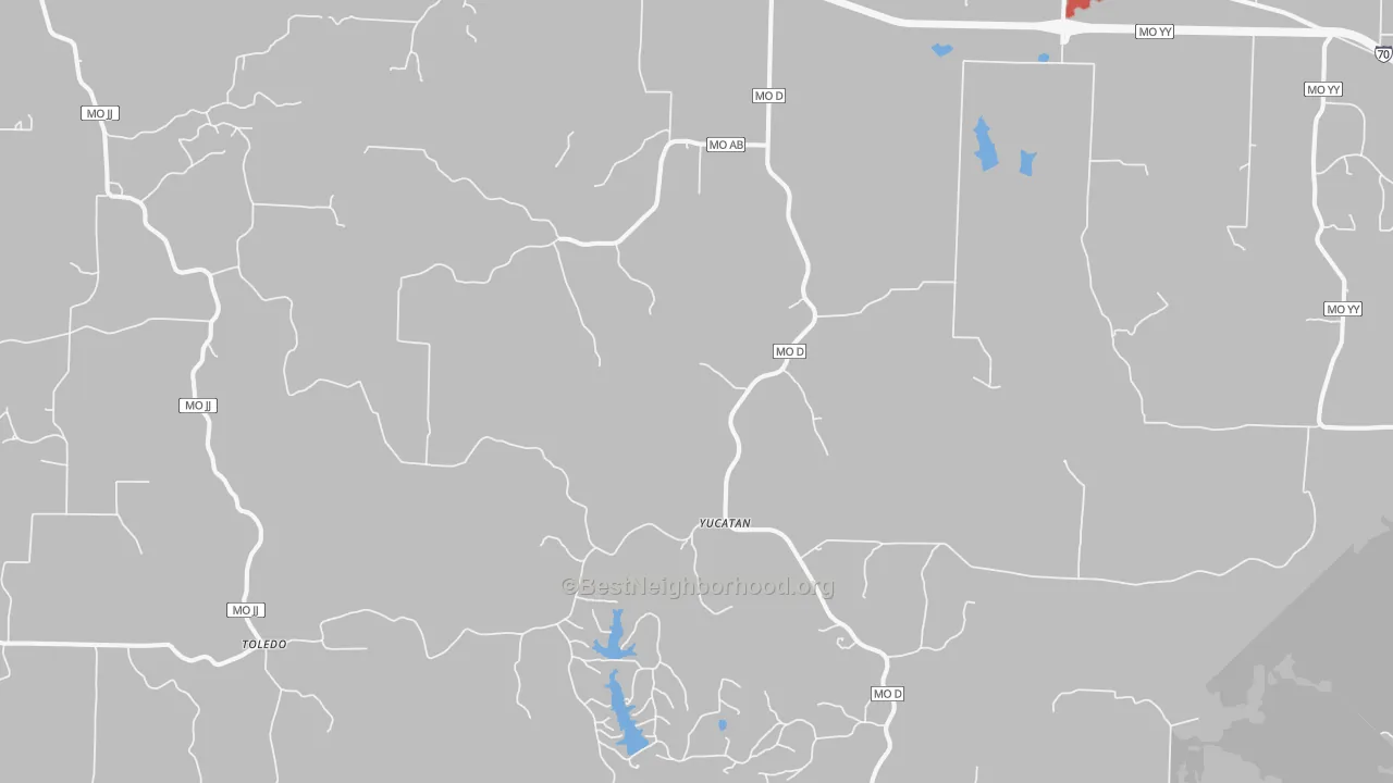 Walk Grade map of 63388, MO, walkable areas in green and car-dependent areas in red