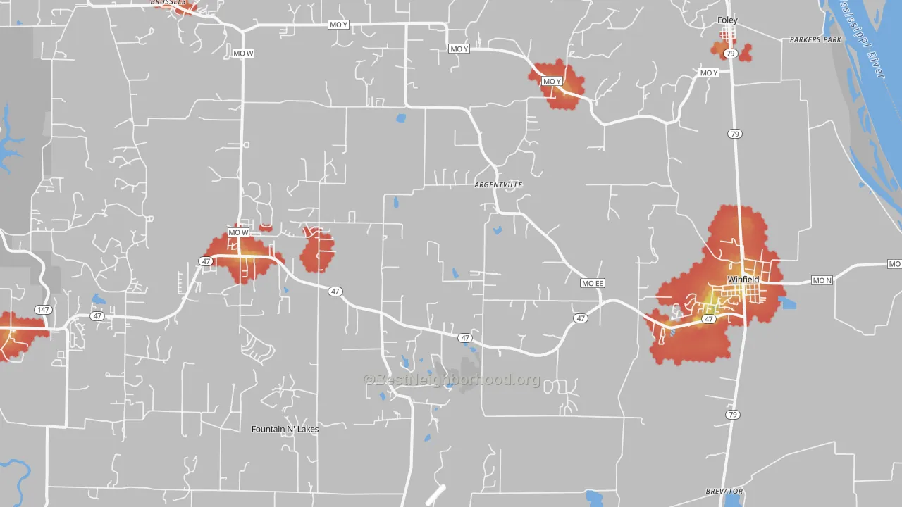 Walk Grade map of 63389, MO, walkable areas in green and car-dependent areas in red