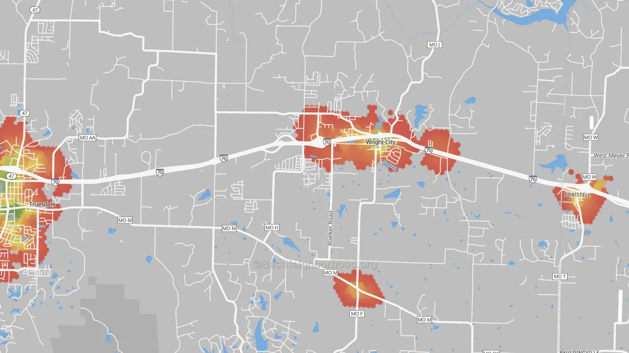 Walk Grade map of 63390, MO, walkable areas in green and car-dependent areas in red