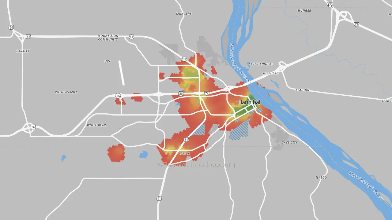 Walk Grade map of 63401, MO, walkable areas in green and car-dependent areas in red