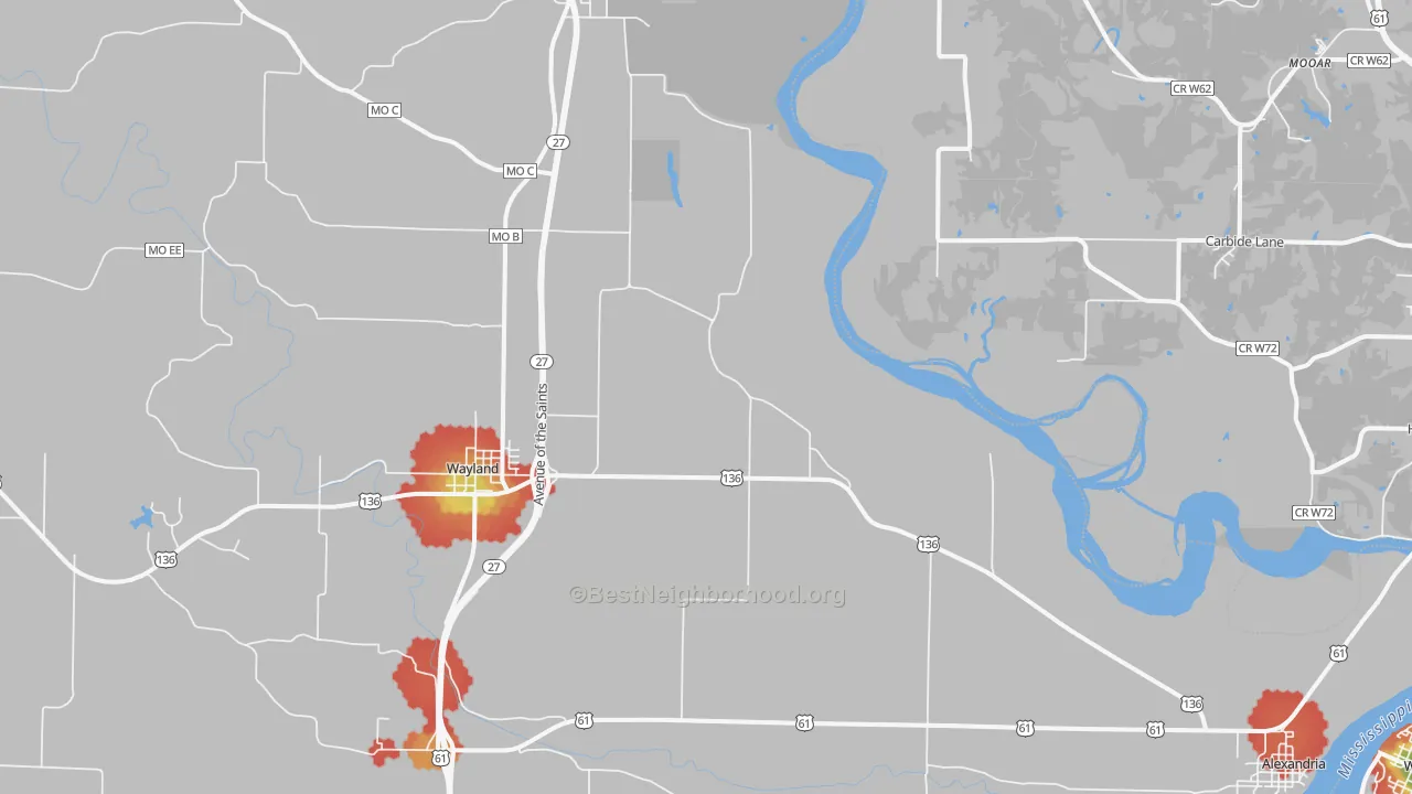 Walk Grade map of 63430, MO, walkable areas in green and car-dependent areas in red