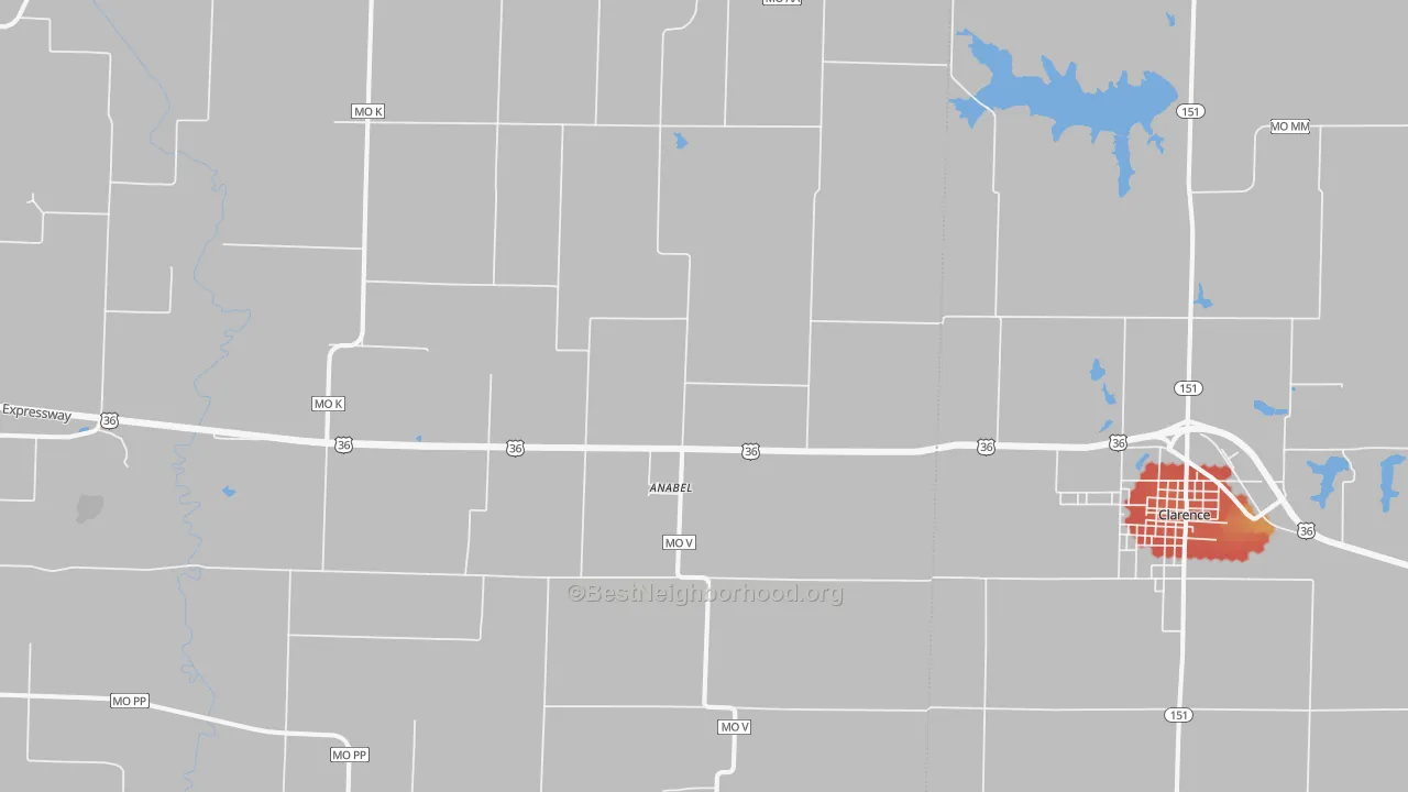 Walk Grade map of 63431, MO, walkable areas in green and car-dependent areas in red