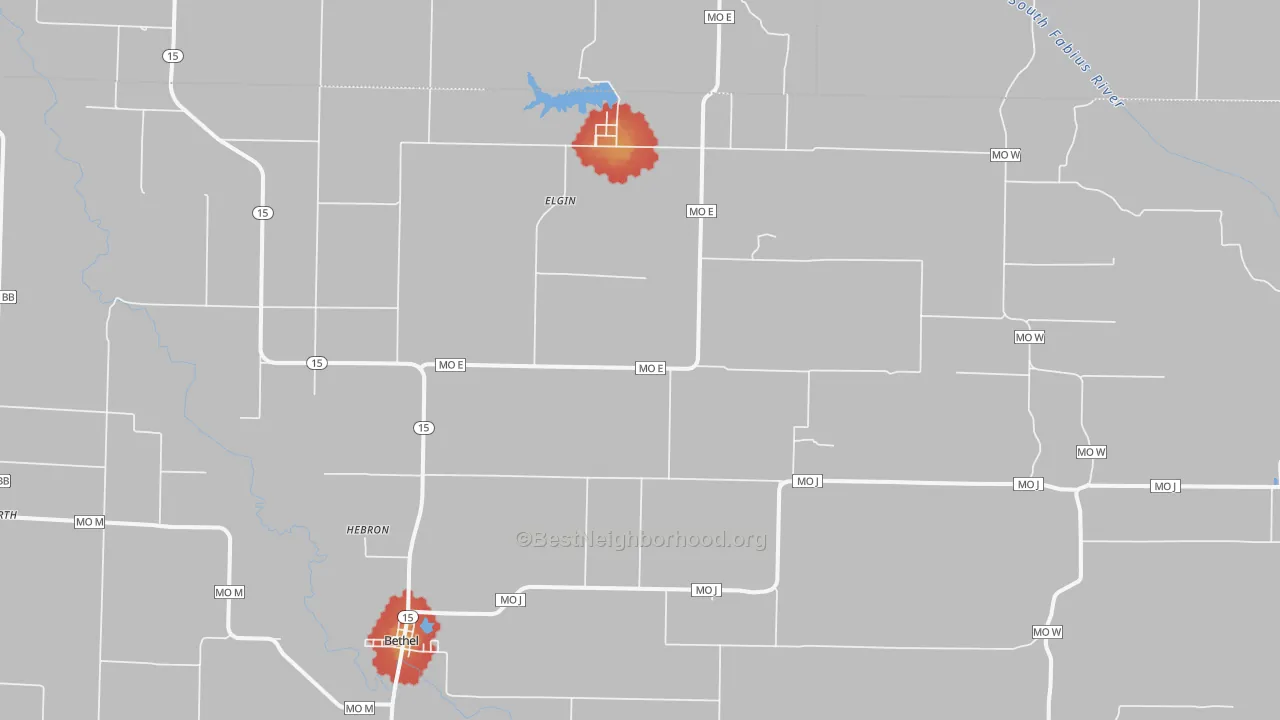 Walk Grade map of 63434, MO, walkable areas in green and car-dependent areas in red