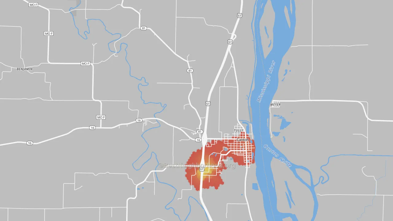 Walk Grade map of 63435, MO, walkable areas in green and car-dependent areas in red