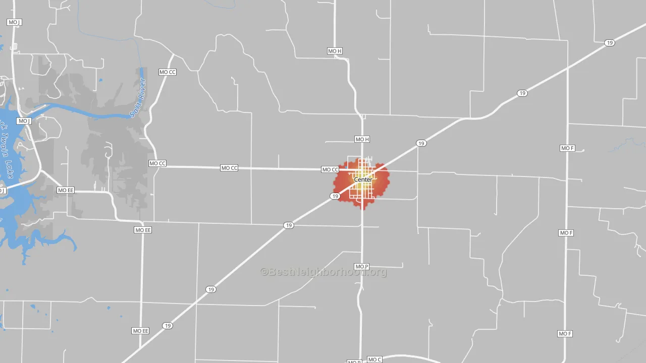 Walk Grade map of 63436, MO, walkable areas in green and car-dependent areas in red
