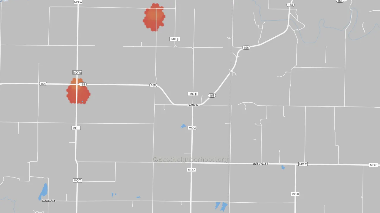 Walk Grade map of 63439, MO, walkable areas in green and car-dependent areas in red