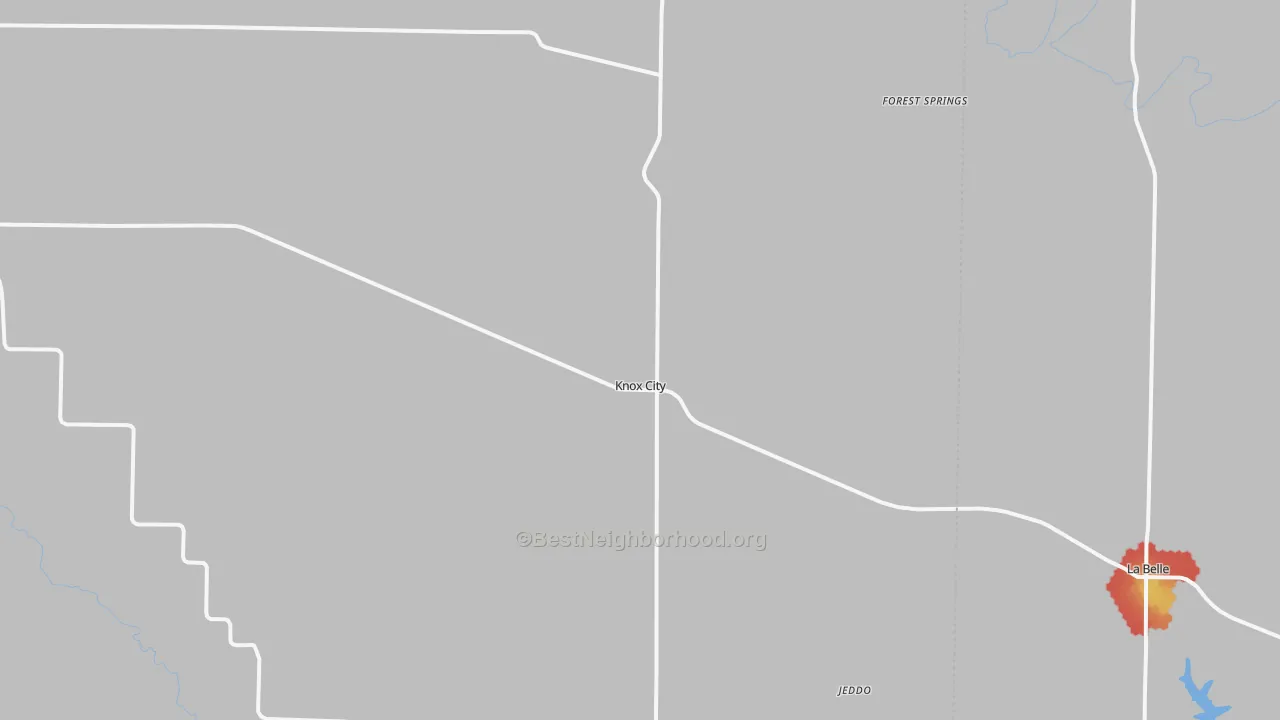 Walk Grade map of 63446, MO, walkable areas in green and car-dependent areas in red