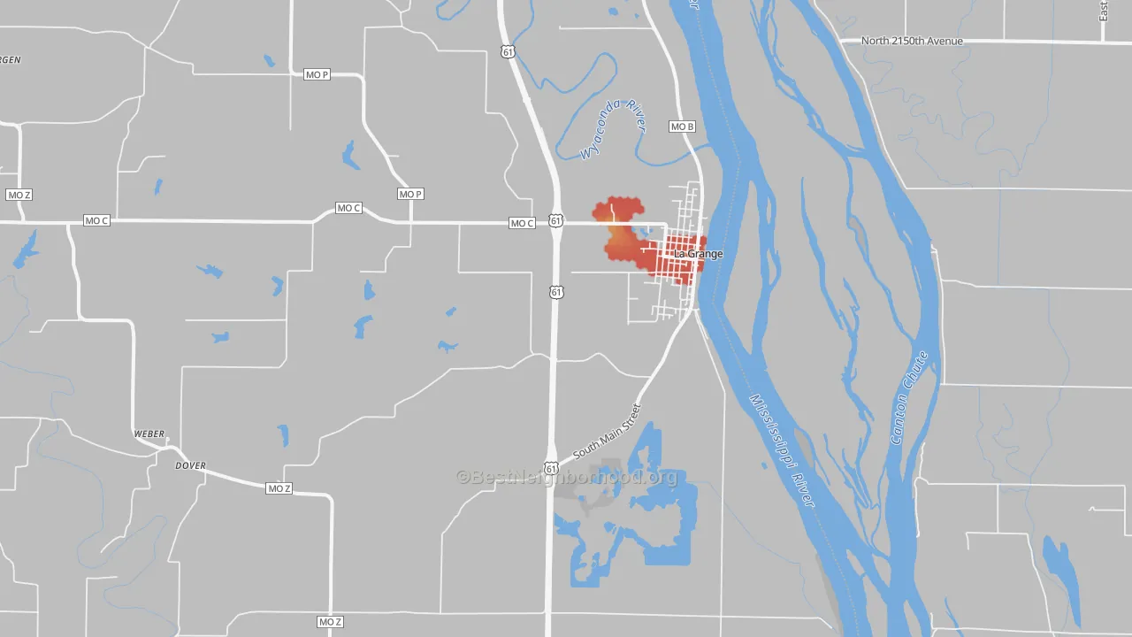 Walk Grade map of 63448, MO, walkable areas in green and car-dependent areas in red