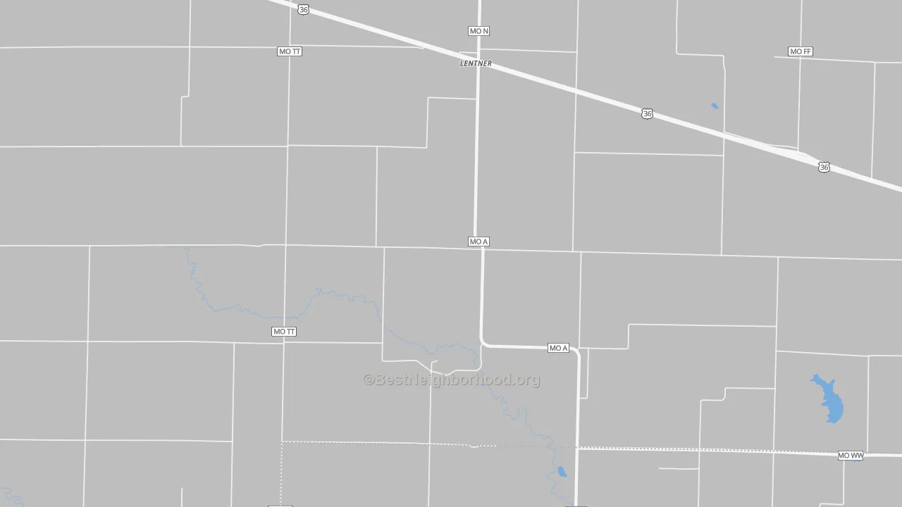 Walk Grade map of 63450, MO, walkable areas in green and car-dependent areas in red
