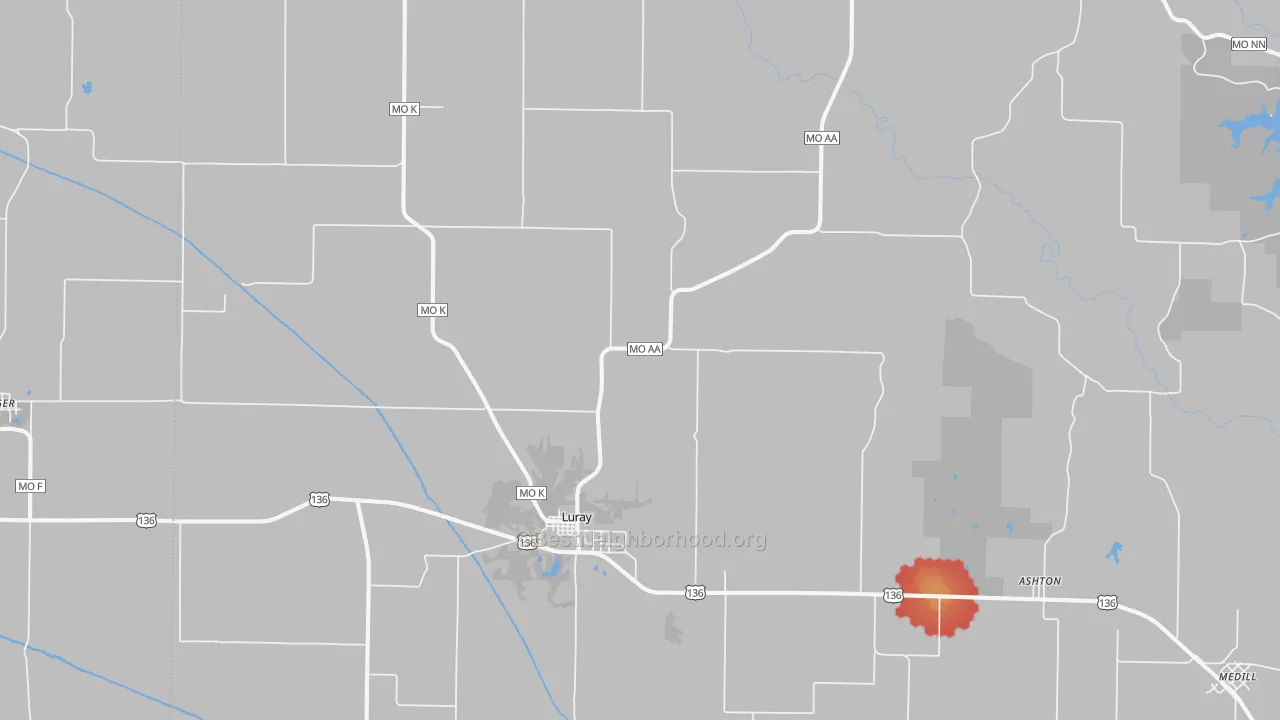 Walk Grade map of 63453, MO, walkable areas in green and car-dependent areas in red