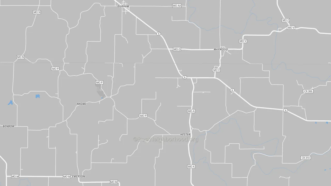 Walk Grade map of 63454, MO, walkable areas in green and car-dependent areas in red