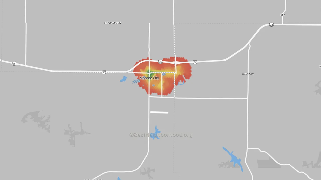 Walk Grade map of 63456, MO, walkable areas in green and car-dependent areas in red
