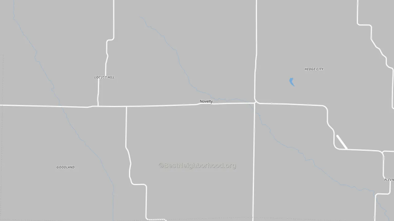 Walk Grade map of 63460, MO, walkable areas in green and car-dependent areas in red