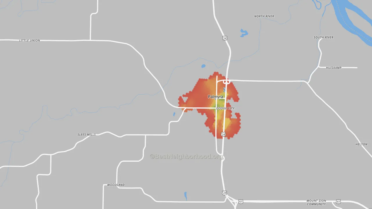 Walk Grade map of 63461, MO, walkable areas in green and car-dependent areas in red