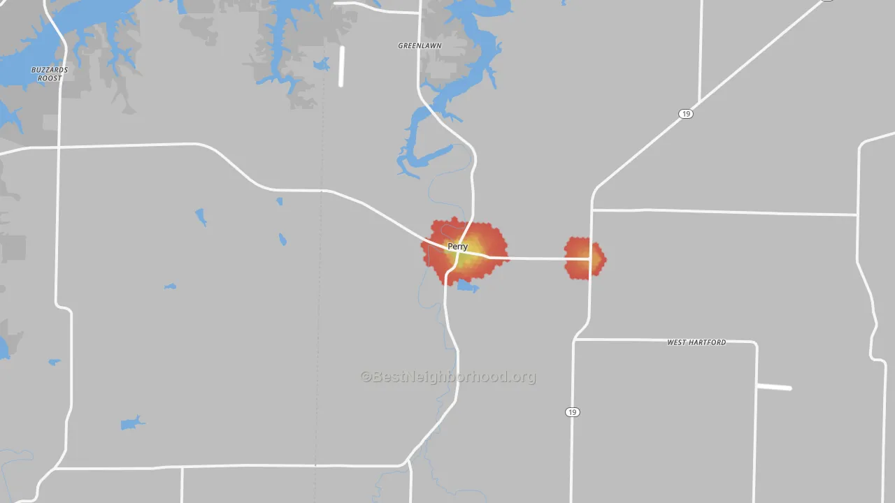 Walk Grade map of 63462, MO, walkable areas in green and car-dependent areas in red