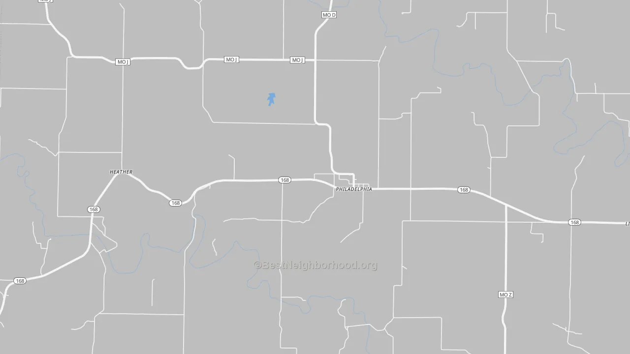 Walk Grade map of 63463, MO, walkable areas in green and car-dependent areas in red