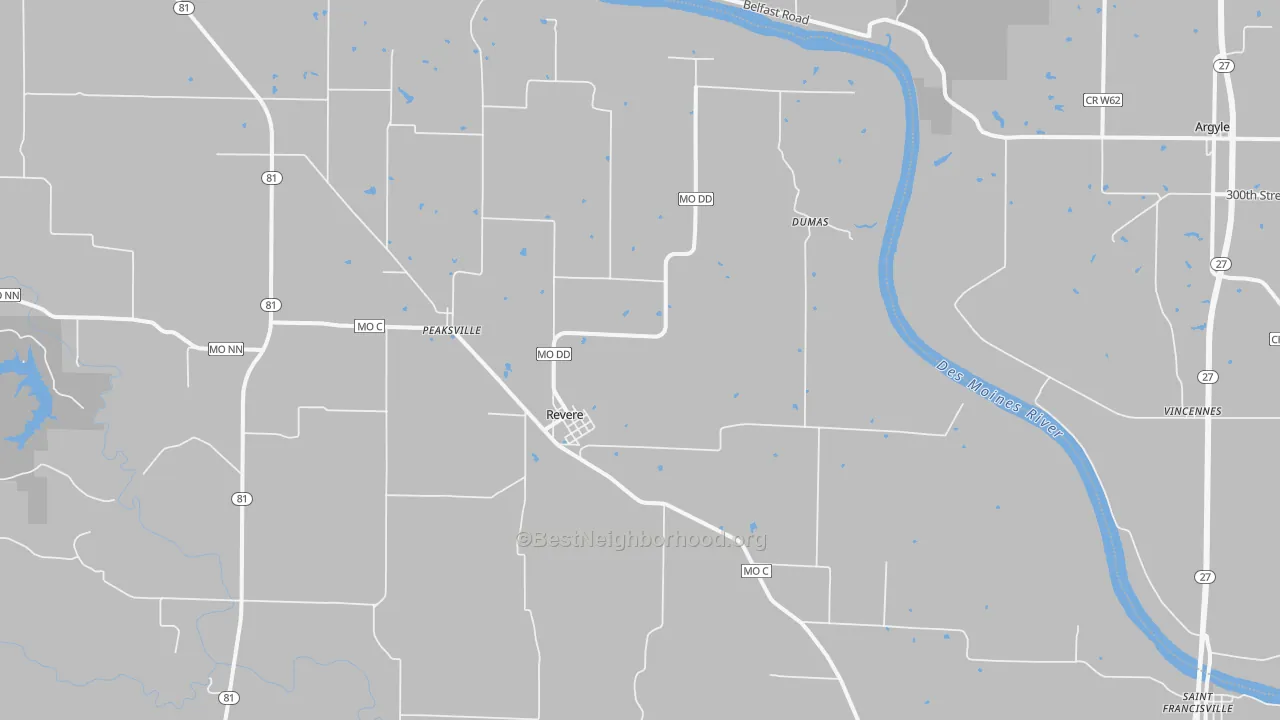 Walk Grade map of 63465, MO, walkable areas in green and car-dependent areas in red