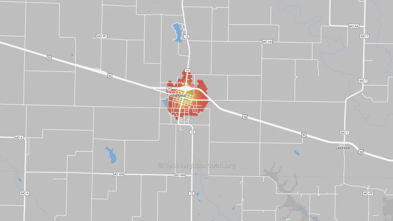 Walk Grade map of 63468, MO, walkable areas in green and car-dependent areas in red