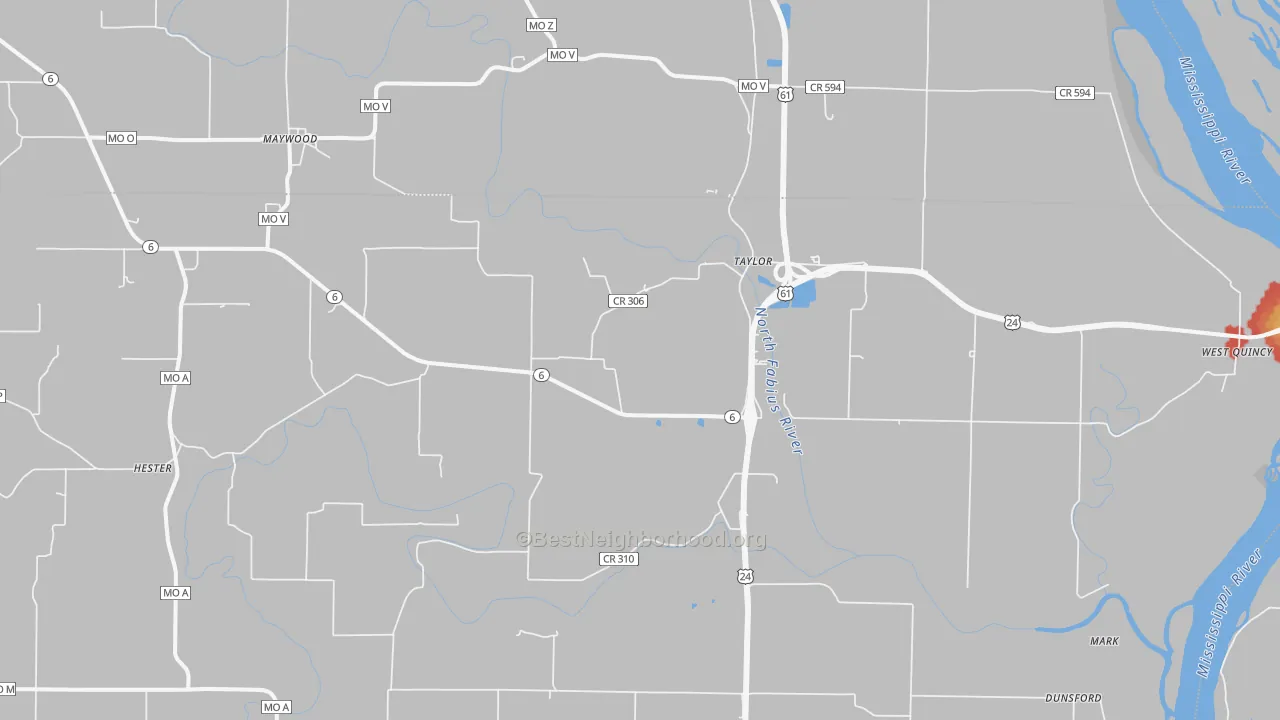 Walk Grade map of 63471, MO, walkable areas in green and car-dependent areas in red