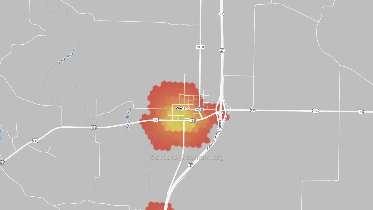 Walk Grade map of 63472, MO, walkable areas in green and car-dependent areas in red