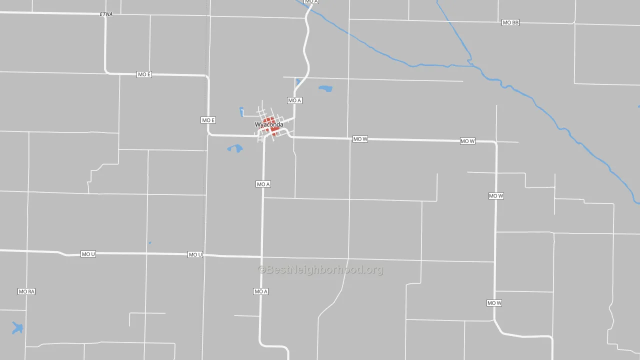 Walk Grade map of 63474, MO, walkable areas in green and car-dependent areas in red