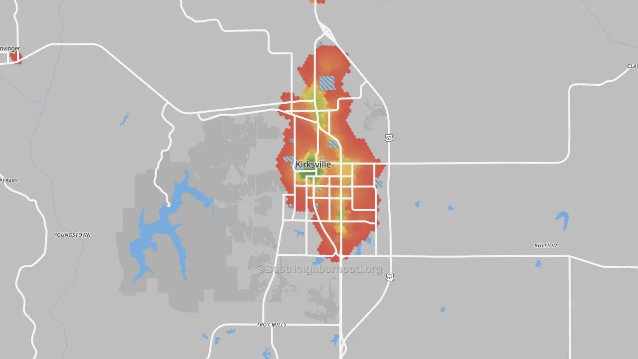 Walk Grade map of 63501, MO, walkable areas in green and car-dependent areas in red