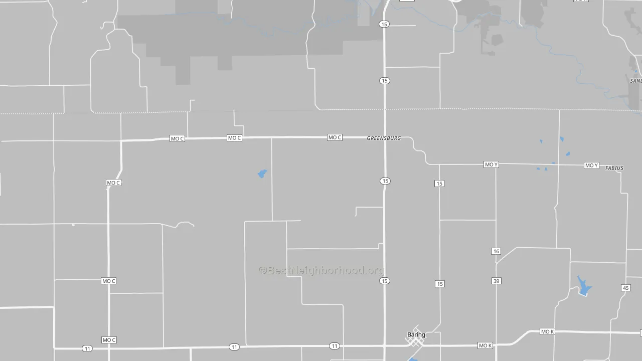 Walk Grade map of 63531, MO, walkable areas in green and car-dependent areas in red