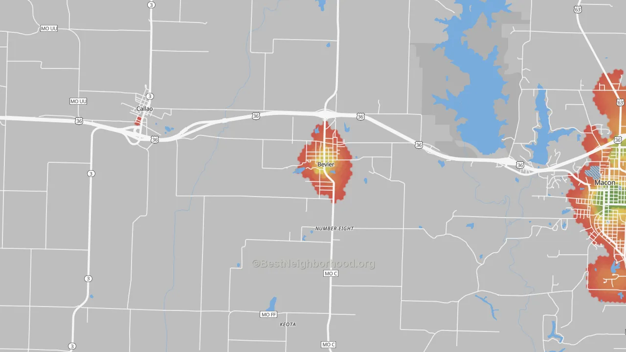 Walk Grade map of 63532, MO, walkable areas in green and car-dependent areas in red