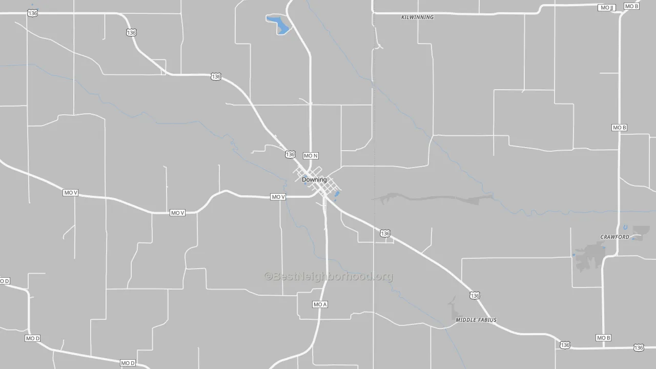 Walk Grade map of 63536, MO, walkable areas in green and car-dependent areas in red
