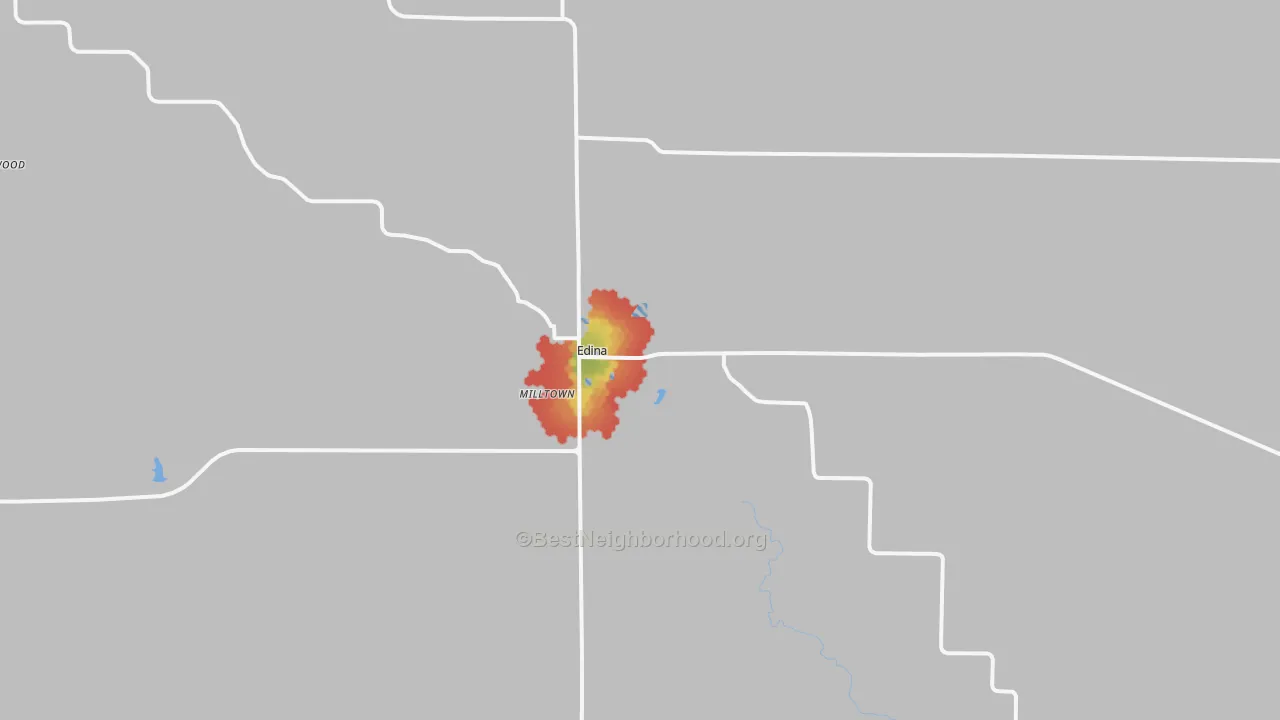 Walk Grade map of 63537, MO, walkable areas in green and car-dependent areas in red