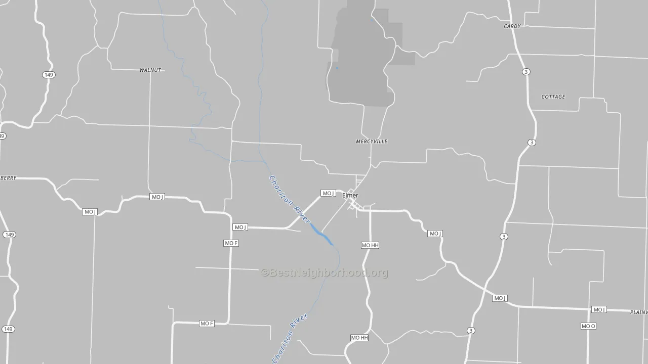 Walk Grade map of 63538, MO, walkable areas in green and car-dependent areas in red