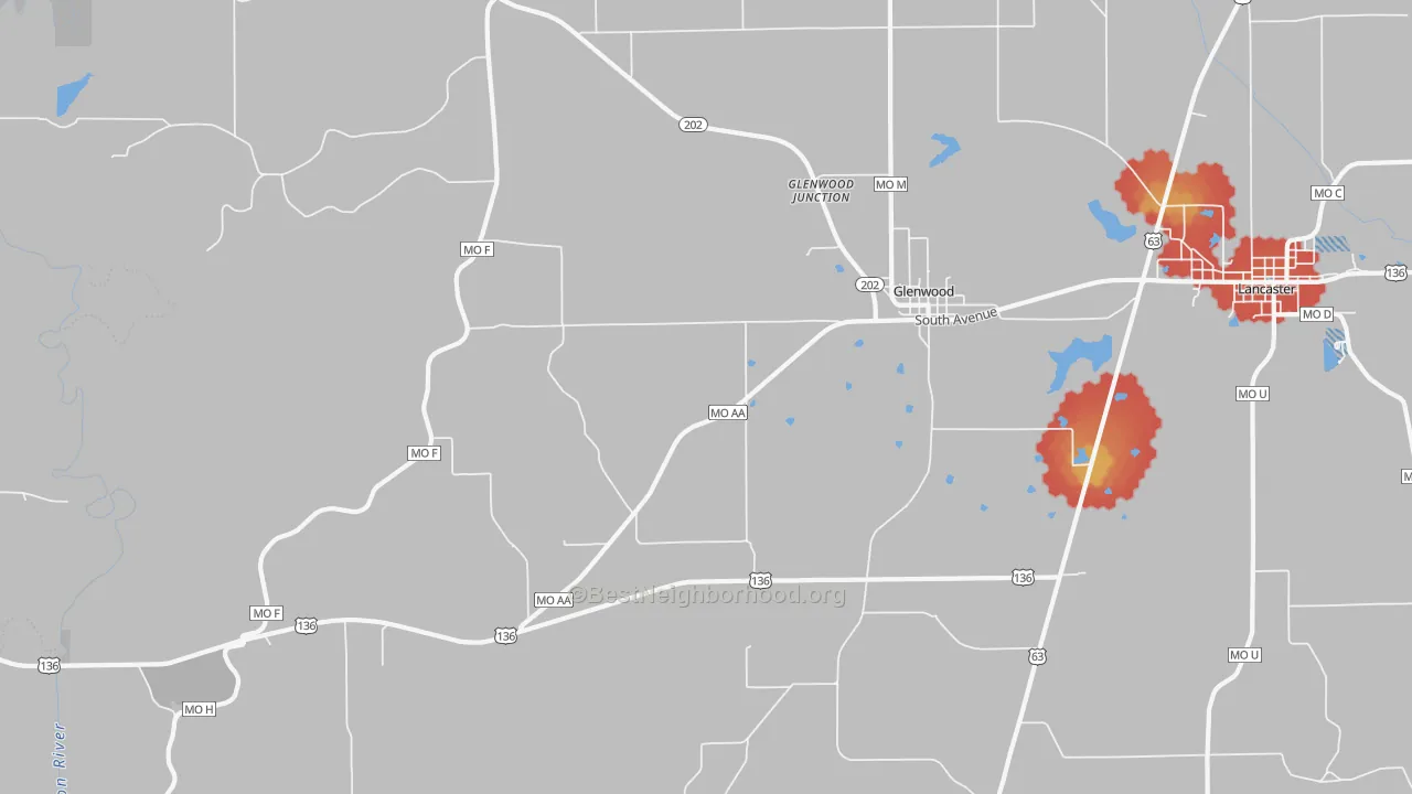 Walk Grade map of 63541, MO, walkable areas in green and car-dependent areas in red