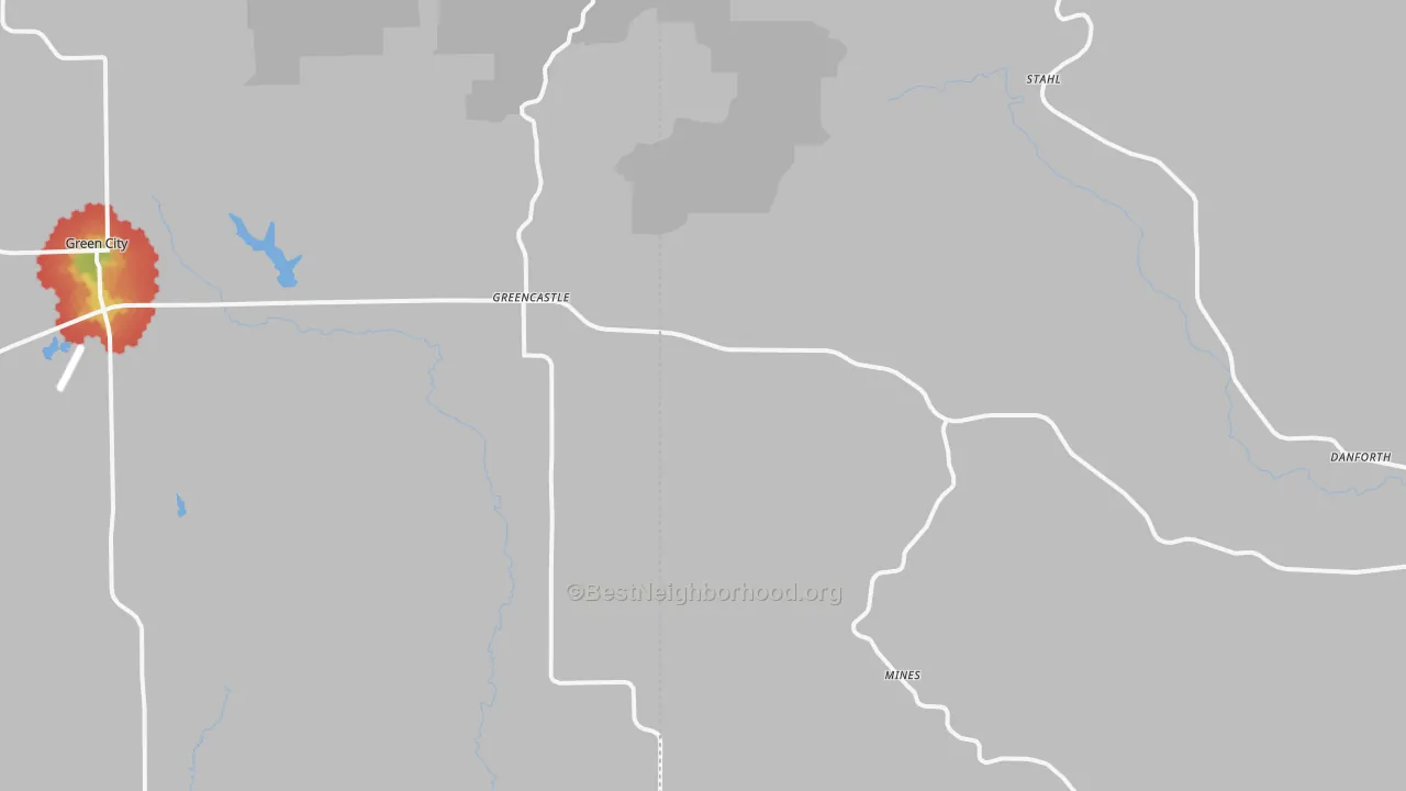 Walk Grade map of 63544, MO, walkable areas in green and car-dependent areas in red
