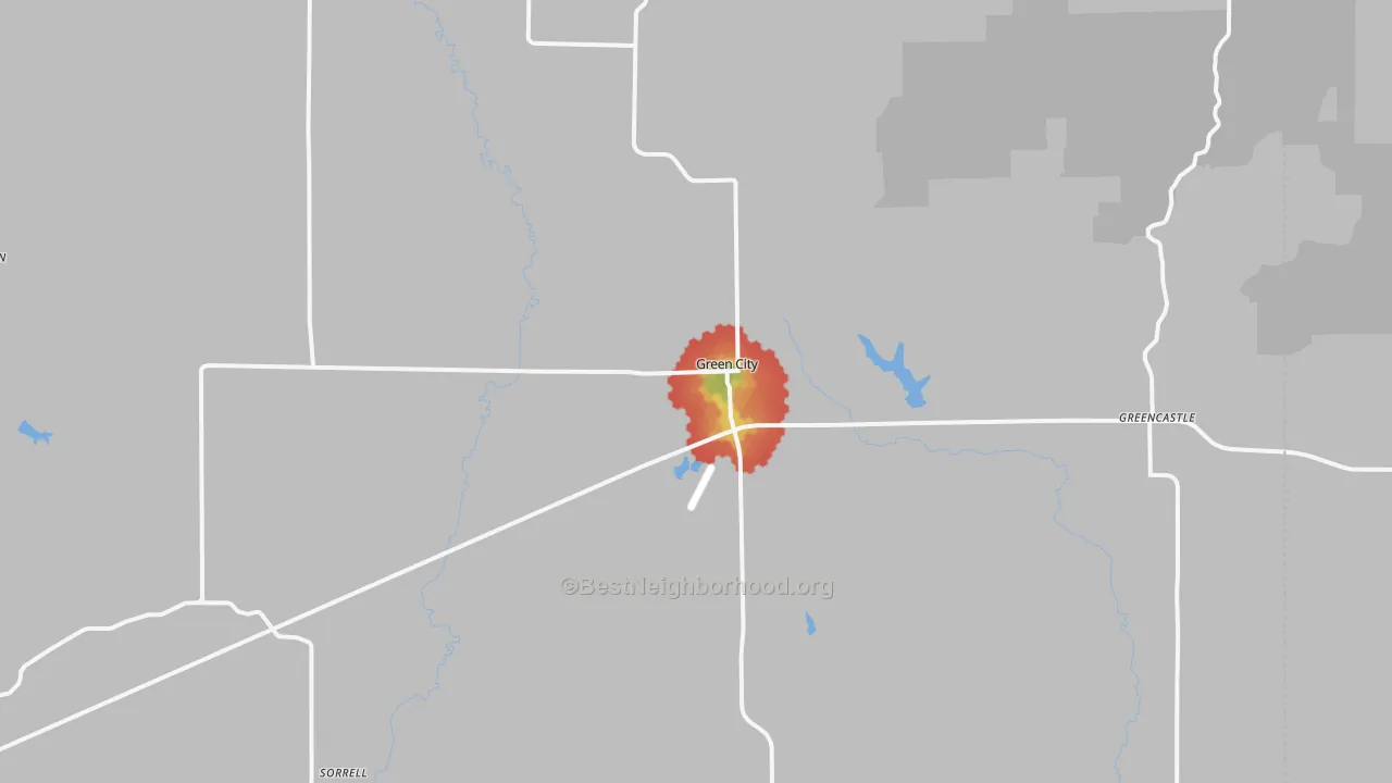 Walk Grade map of 63545, MO, walkable areas in green and car-dependent areas in red