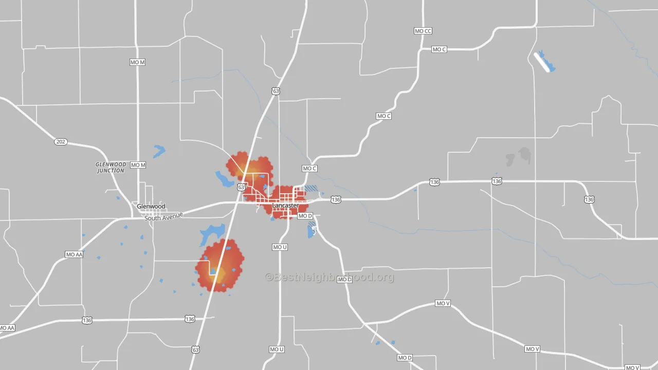 Walk Grade map of 63548, MO, walkable areas in green and car-dependent areas in red