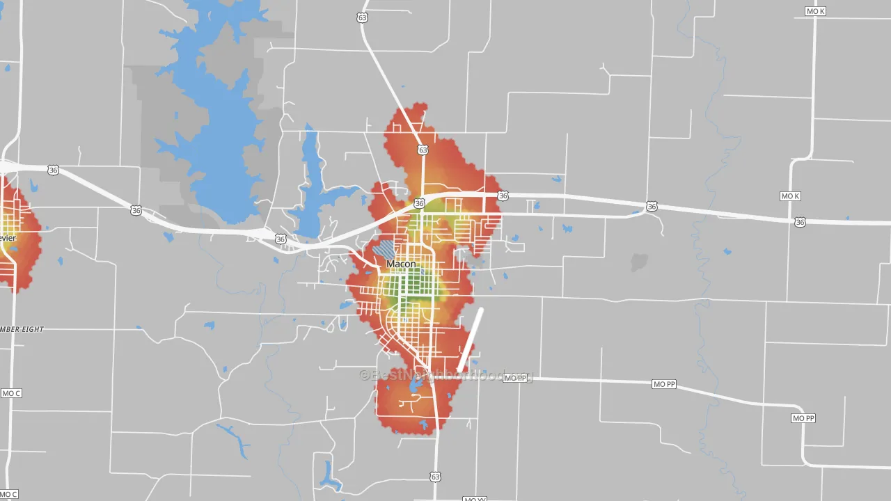 Walk Grade map of 63552, MO, walkable areas in green and car-dependent areas in red