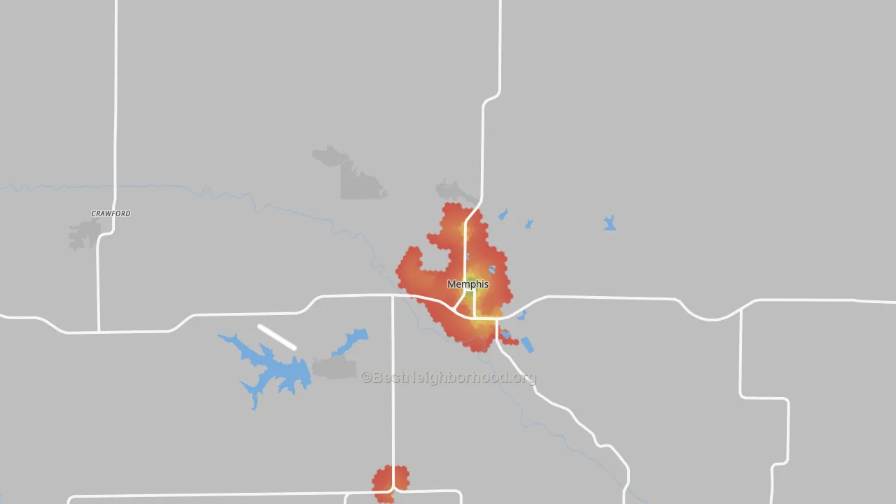 Walk Grade map of 63555, MO, walkable areas in green and car-dependent areas in red