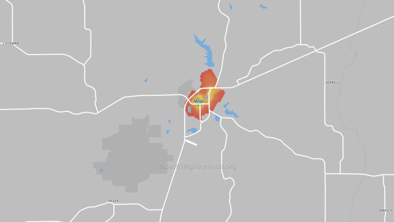 Walk Grade map of 63556, MO, walkable areas in green and car-dependent areas in red