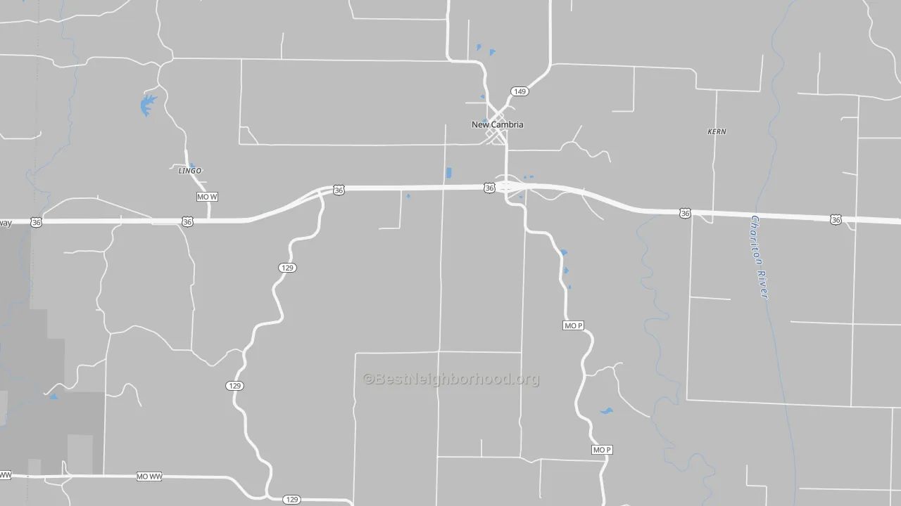 Walk Grade map of 63558, MO, walkable areas in green and car-dependent areas in red