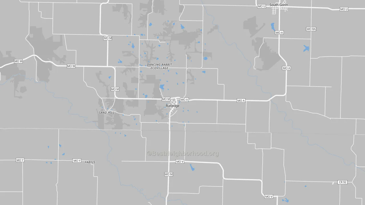 Walk Grade map of 63563, MO, walkable areas in green and car-dependent areas in red