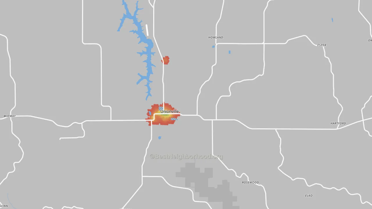 Walk Grade map of 63565, MO, walkable areas in green and car-dependent areas in red