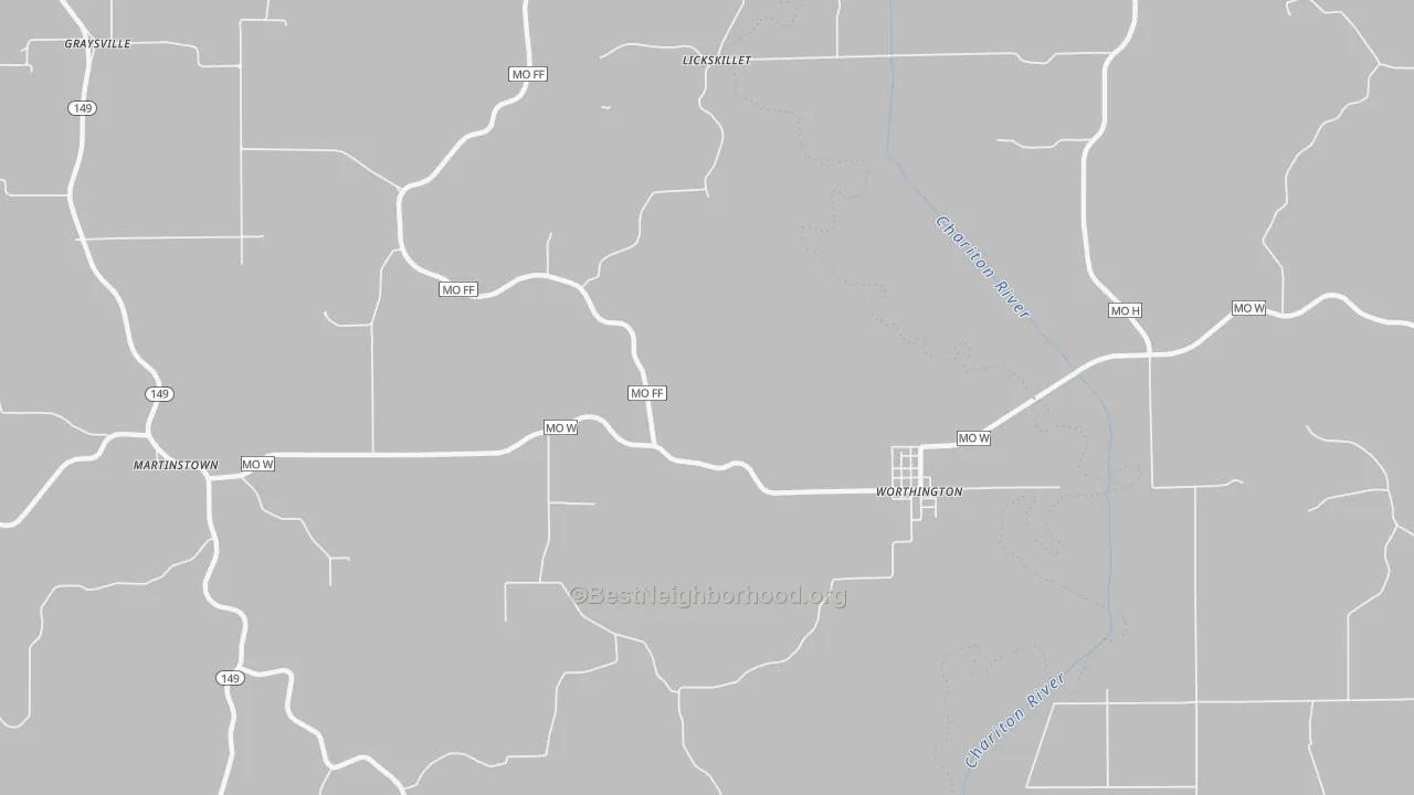 Walk Grade map of 63567, MO, walkable areas in green and car-dependent areas in red