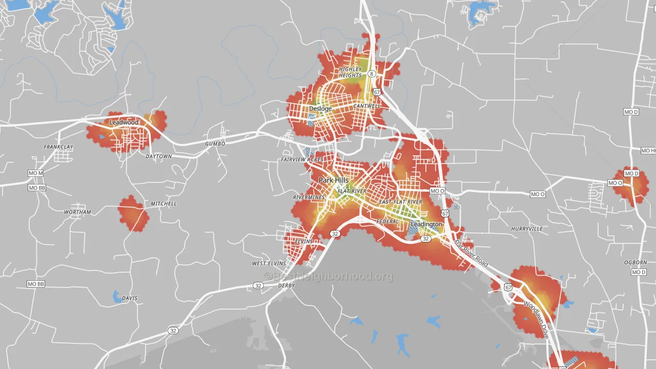 Walk Grade map of 63601, MO, walkable areas in green and car-dependent areas in red