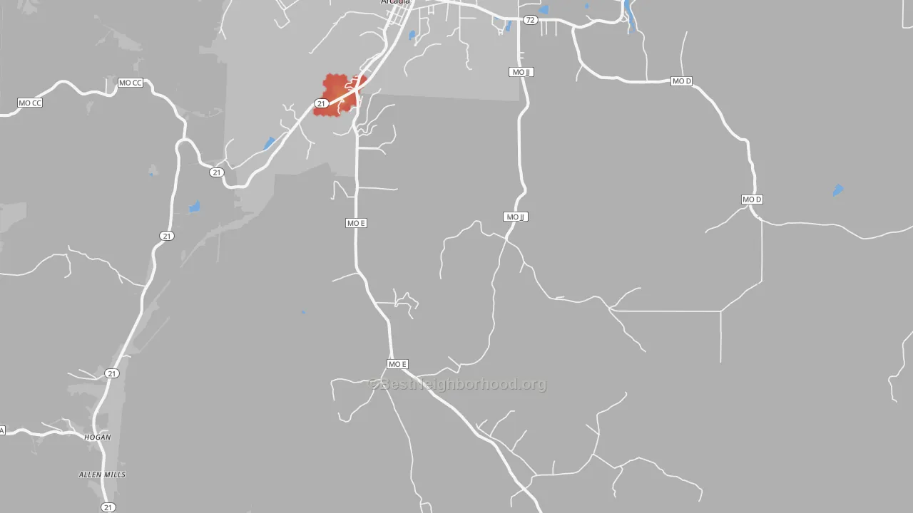 Walk Grade map of 63621, MO, walkable areas in green and car-dependent areas in red